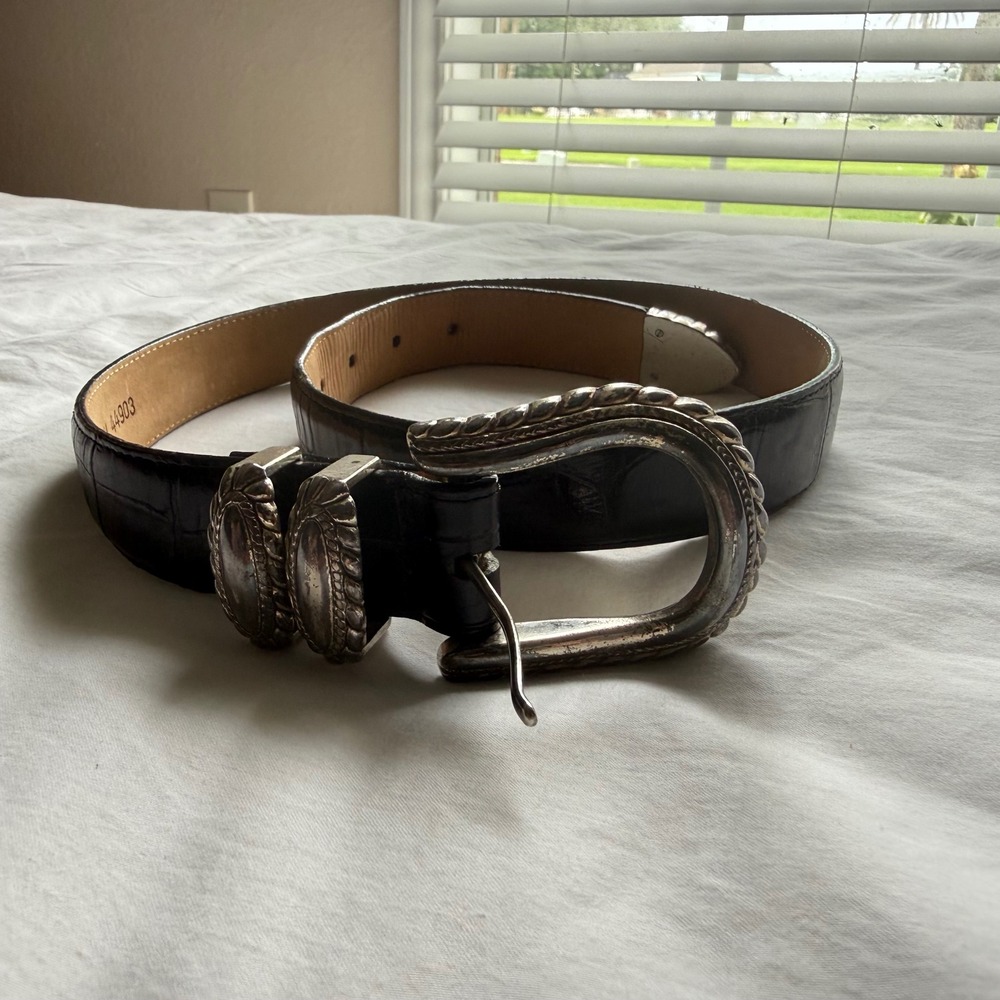 Brighton Black Croc Embossed Leather Western Belt Silver Buckle Set M 44903